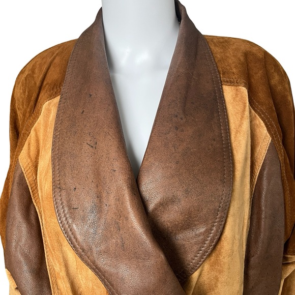 VTG The Leather Ranch le Ranch du Cuir Suede Jacket Colorblock Belted Neutral - Picture 9 of 12